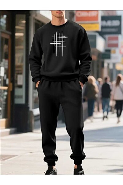 tkn your style Men's Bottom Top Set with Grid Print Design Crew Neck Sweatshirt