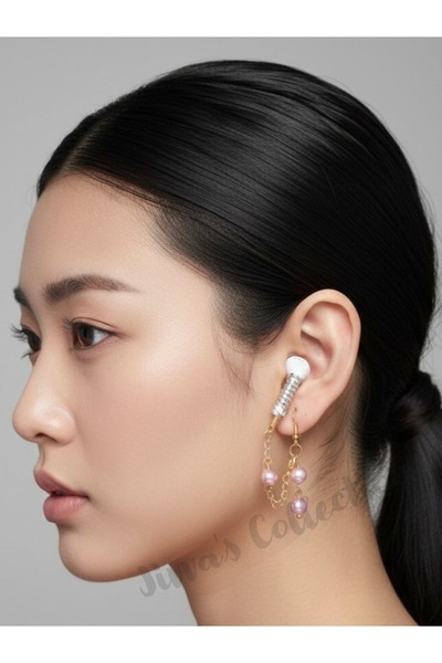 Jivva's Collection حلق + حامل سماعات الأذن. أقراط من اللؤلؤ الوردي وسلسلة أذن...