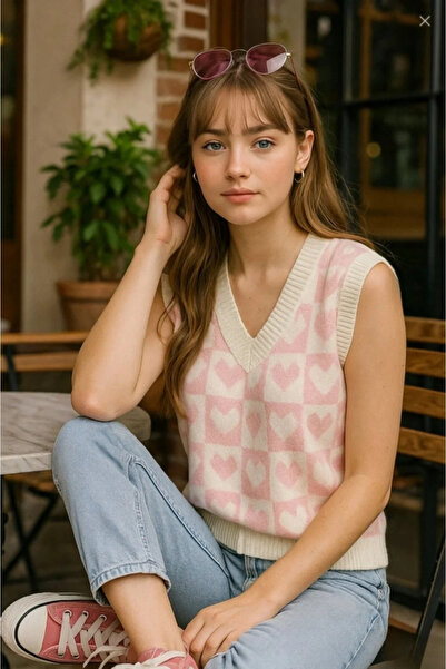 bysoca Women's Pink Cream Heart Patterned V-Neck Checkered Soft Textured Knit...