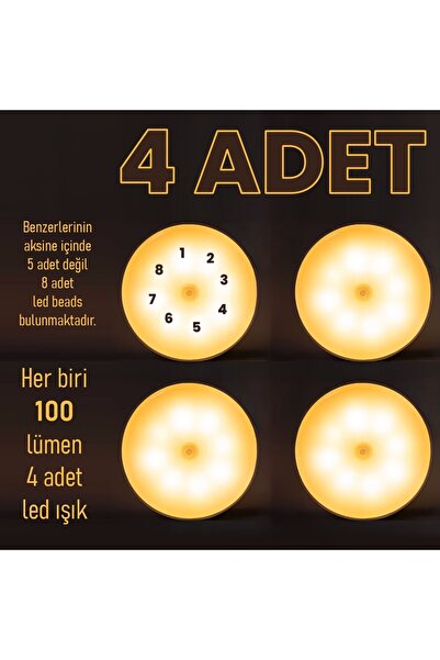 UpWay 4 Adet Sensörlü Şarjlı Mıknatıslı Led Lamba Seti - 8 Ledli Günışığı Renkli