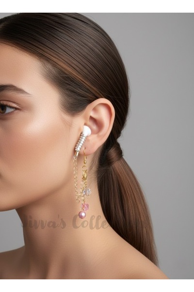 Jivva's Collection حامل سماعات الأذن. حامل أذن بسلسلة خرز وردية وحامل أذن قاب...