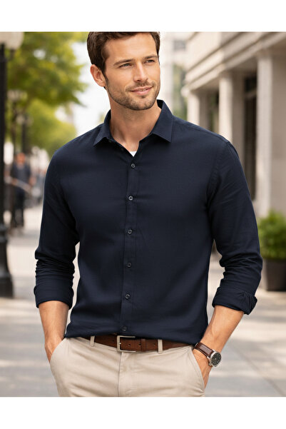 EMPEROR APPAREL Erkek Uzun Kollu Lacivert Kadife Gömlek