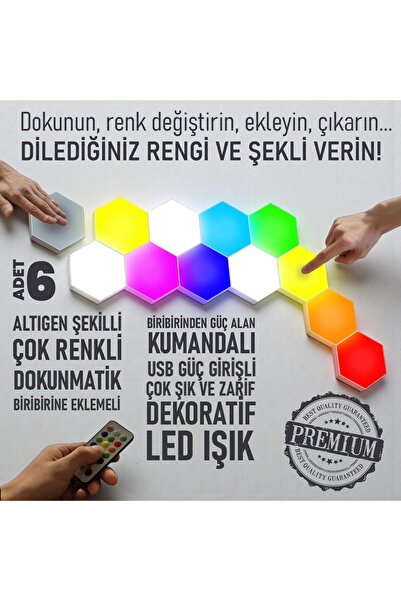 UpWay Dokunmatik Çok Renkli Kumandalı Dekoratif Altıgen 6’lı LED Lamba Seti