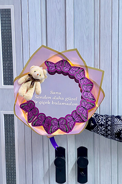 Zemtigo Led Işıklı Ayıcık Aynalı Kelebek Buketi Sana Senden Daha Güzel Bir Çi...