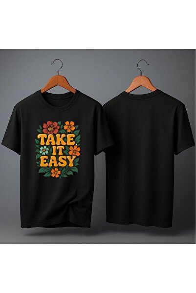 ELFERA تي شيرت مطبوع عليه عبارة TAKE IT EASY مقاس كبير للجنسين