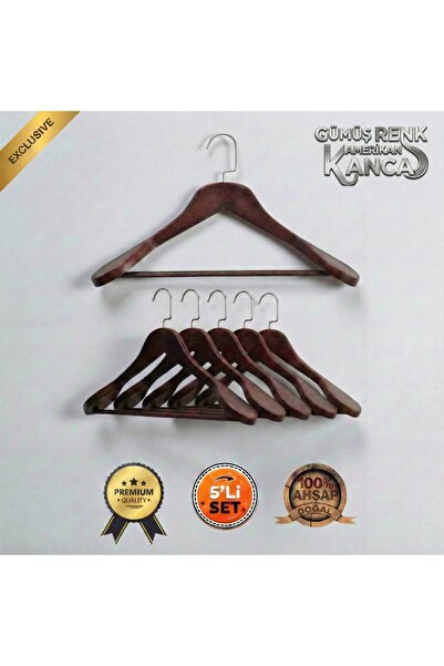 Faravis Atelier 5'li Lüks Ahşap Askı Seti Gümüş Amerikan Kancalı Kalın Omuzlu...