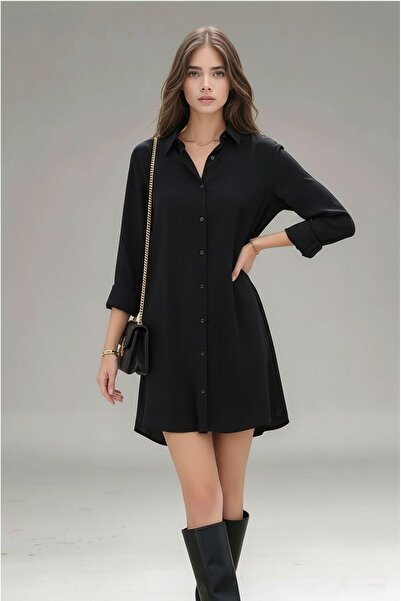 loia Women's Black Buttoned Shirt Collar Long Sleeve Stylish Mini Dress Loi̇2...