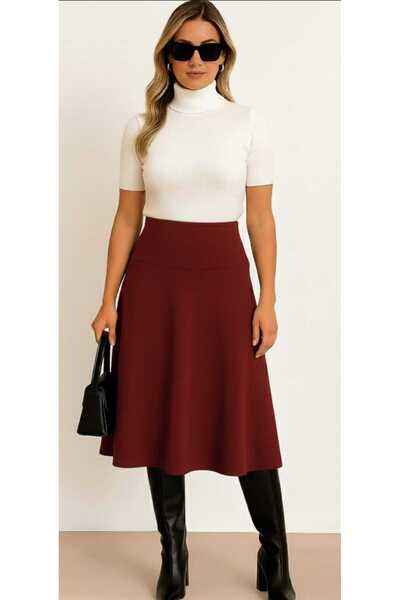 ZUM Diz Altı Bordo Kadın Selanik Kloş Etek Yüksek Bel Beli Lastikli Günlük Sa...
