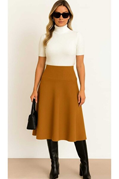 ZUM تنورة واسعة تحت الركبة من قماش الخردل السيلانيك، خصر مرتفع، خصر مطاطي، مو...