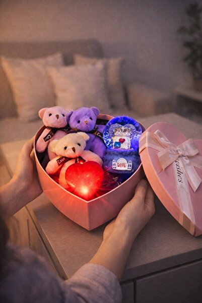 Kesene Sevgililer Günü Romantik Aşk Kutusu Işıklı Mor Kar Küresi 3'lü Peluş A...