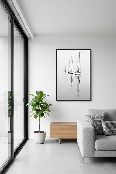 Linacci Single Black Metal Frame White Sailing Ship Glass Painting Set