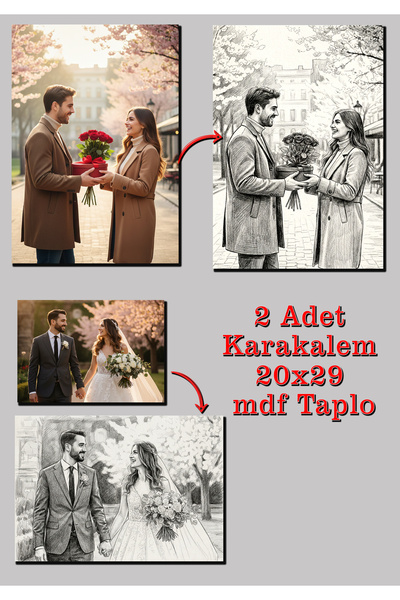 HAYAL ODASI STORE 2 Adet Kişiye Özel Tasarımlı 20x29 MDF Tablo - Karakalem Tarzı