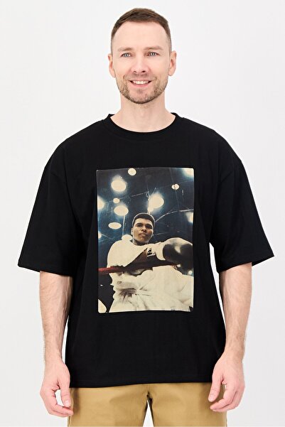 ALI Men Crew Neck Short Sleeve Graphic Print T-Shirt, Black