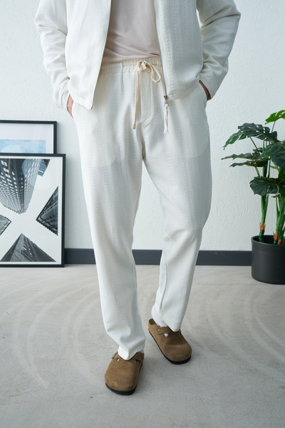 İLKCET MODA Λεπτομέρεια με κορδόνια Λευκό Oversize Ανδρικό Παντελόνι Μποέμ