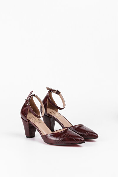 Extra Shoes İstanbul Burgundy Skin Crocodile Ankle Strap Thick Heeled Women's...