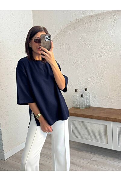 GUMMORE COLLECTİON Basic Modal Yırtmaçlı T-shirt, Oversize, Rahat Kalıp Bisik...