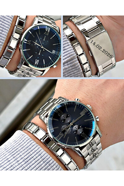 saat&istasyonu İsimli Gümüş Renk Erkek Kol Saati ve İtalyan Bileklik