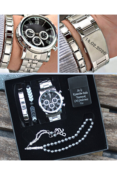 saat&istasyonu İsimli Gümüş Renk Erkek Kol Saati Bileklik Tesbih ve Çakmak Seti
