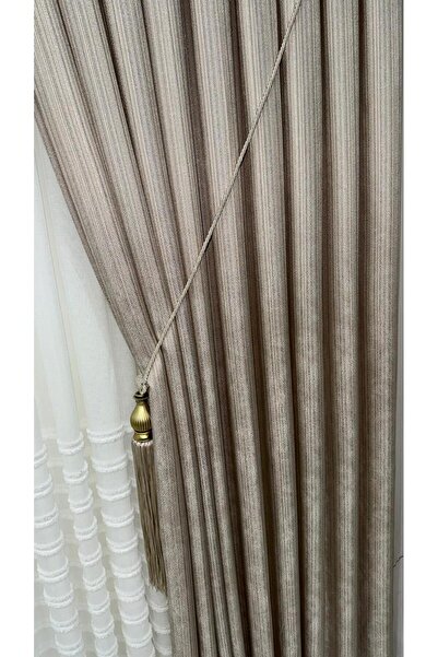 Fon Dünyası Linen Textured Glittery Light Mink Background Curtain (Single Panel)