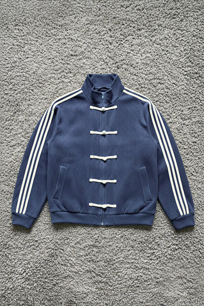 Karakedi Navy Blue Retro Three-Stripe Vintage Y2K Unisex Jacket