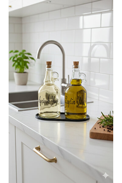 Dia 2'li Cam Yağdanlık Sirkelik Seti Ayçiçek & Zeytinyağı Etiketli - Mantar T...