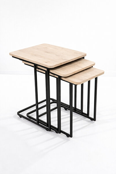 Riyes Tasarım Ahşap 3’lü Tekerlekli Zigon Sehpa Seti – Metal Ayaklı – Modern ...