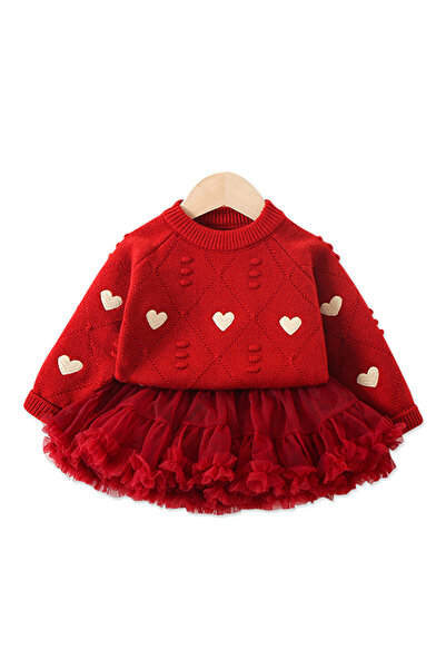 OEM Compleu pentru fetite, pulover rosu cu inimioare si fusta rosie, marime 1...