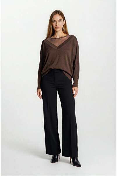 Spazio Osvaldino Bisiklet Tül Yaka Ön Arka V Yarasa Kol Triko KAHVE