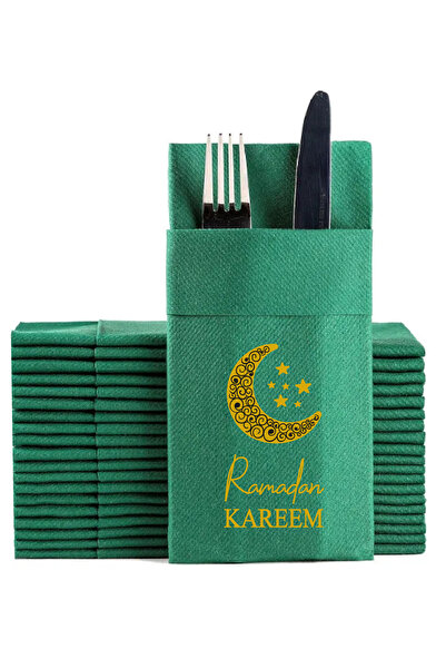 NapkinStore 6 Pieces Ramadan Kareem Green Pocketed Fabric Tissue Napkins Np69683