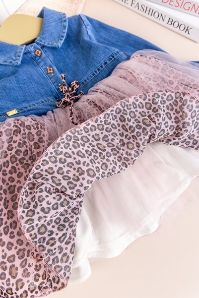 Babymod Denim Leopard Patterned 100% Cotton Stylish Special Occasion Baby Girl Dress