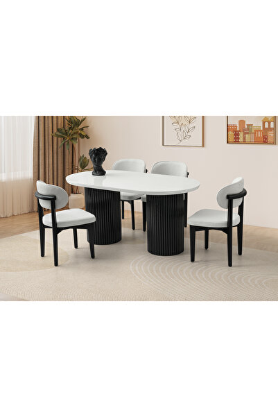 supermoon ORKİDE SABİT MASA KAR BEYAZ - LORA SİYAH & 4 ADET NERGİS SANDALYE B...
