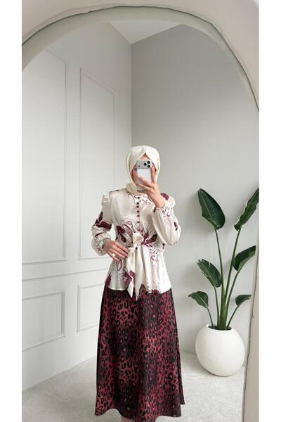 MİREL BUTİK Viral Satin Patterned Double Blouse Skirt Set