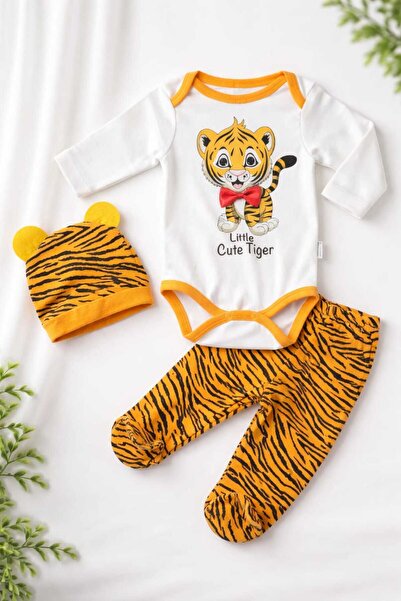 Tenra 3 Piece Baby Snap-On Bodysuit Set 100% Cotton - Tiger Patterned 0-6 Months