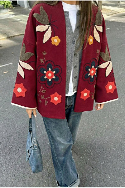 FEMELLE Bordo Nakış İşlemeli Vintage Kaşe Ceket