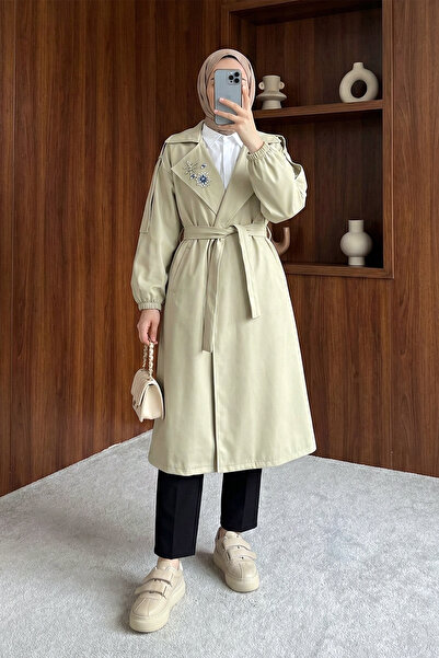 MODAQU Balon Sleeve Brooched Trench Coat - Stone
