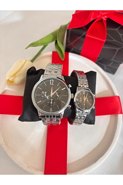 AYLORA'M Metal Kordonlu Çift Saat Seti Gümüş Kasa