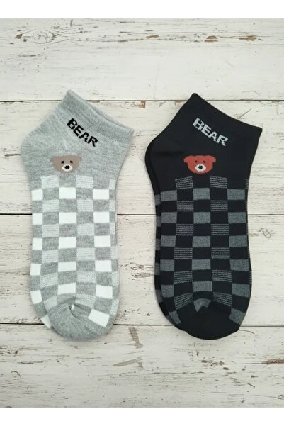 EfemİcGiyim Black and Gray Teddy Bear Patterned Checkered Booties Socks 12-Pi...