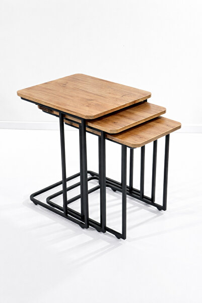 Riyes Tasarım Ahşap 3’lü Tekerlekli Zigon Sehpa Seti – Metal Ayaklı – Modern ...