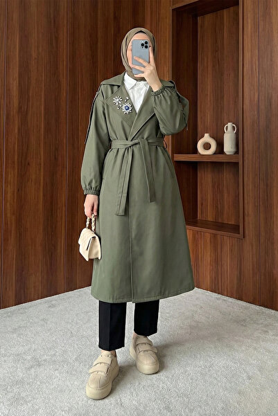 MODAQU Balloon Sleeve Brooched Trench Coat - Khaki
