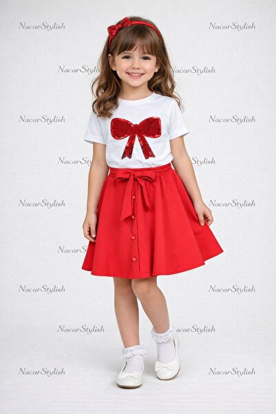 Nacar Kız Çocuk 23 Nisan 29 Ekim Fiyonk Tshirt&Düğmeli Double Etek 2'li Alt-Ü...