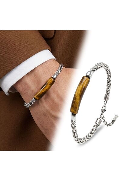 FM Cheetah Eye Natural Stone and Adjustable Steel Chain Bracelet 31832B15D3