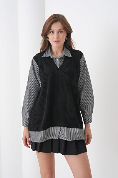 loia Women's V-Neck Knitwear Sweater Shirt Detailed Inside Shirt Oversize Blo...