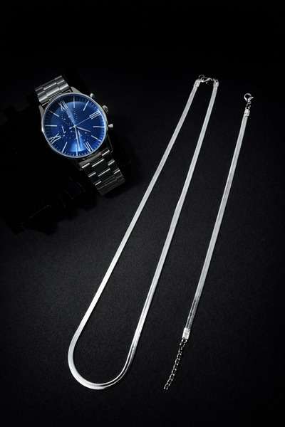 MEKKANMODA ERKEK ÇELİK KORDON ANALOG KOL SAATİ VE ÇELİK KOLYE BİLEKLİK YANIND...