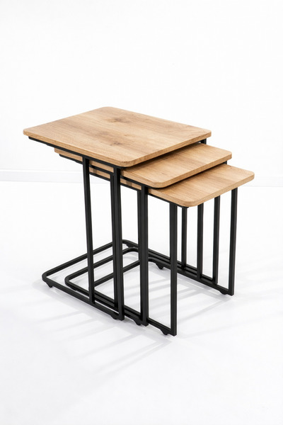 Riyes Tasarım Ahşap 3’lü Tekerlekli Zigon Sehpa Seti – Metal Ayaklı – Modern ...