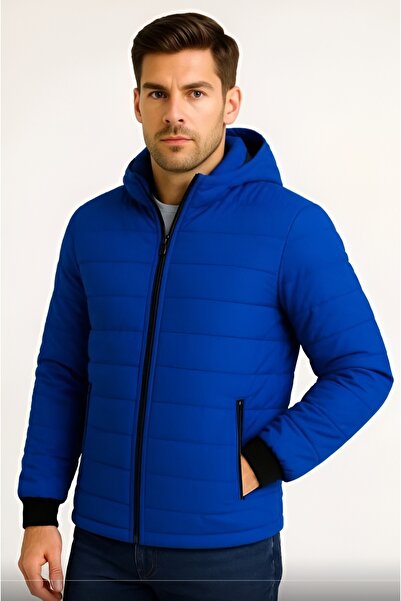 Butik Men's Inflatable Hooded Zippered Coat Water Repellent Lined Fabric with...
