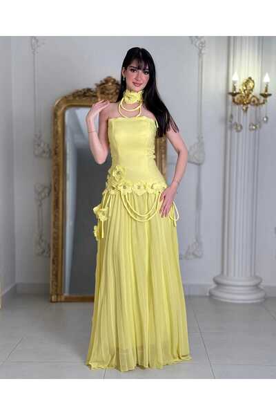 Liva Yellow chiffon evening dress with elegant floral details