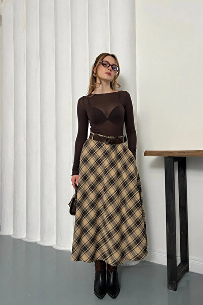 MOZENA Kemer Detaylı Ekose Desenli Uzun Etek