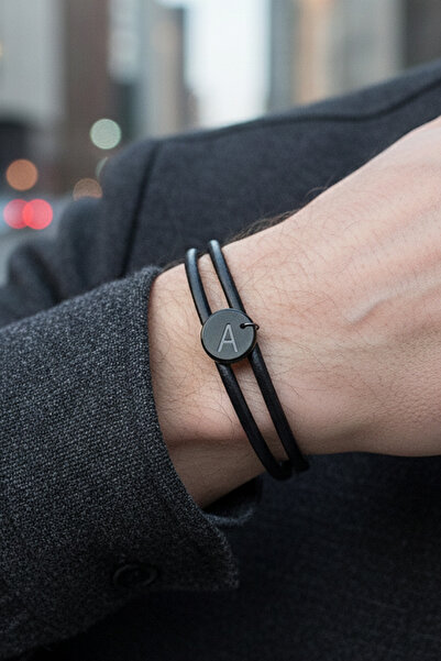 VAOOV Kişiye Özel Harf Plakalı Çift Sıra Hakiki Siyah Deri Erkek Bileklik