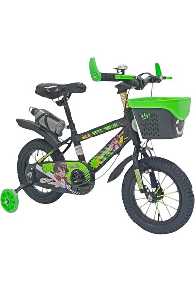 Leno 12 Inch Kids Bike with Training Wheels and Front Basket, Green - BBC3596