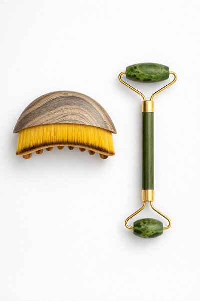 Busstier Lenfatik Drenaj Kuru Fırça ve Yeşim Taşı Jade Roller 2li Set Yüz, Bo...